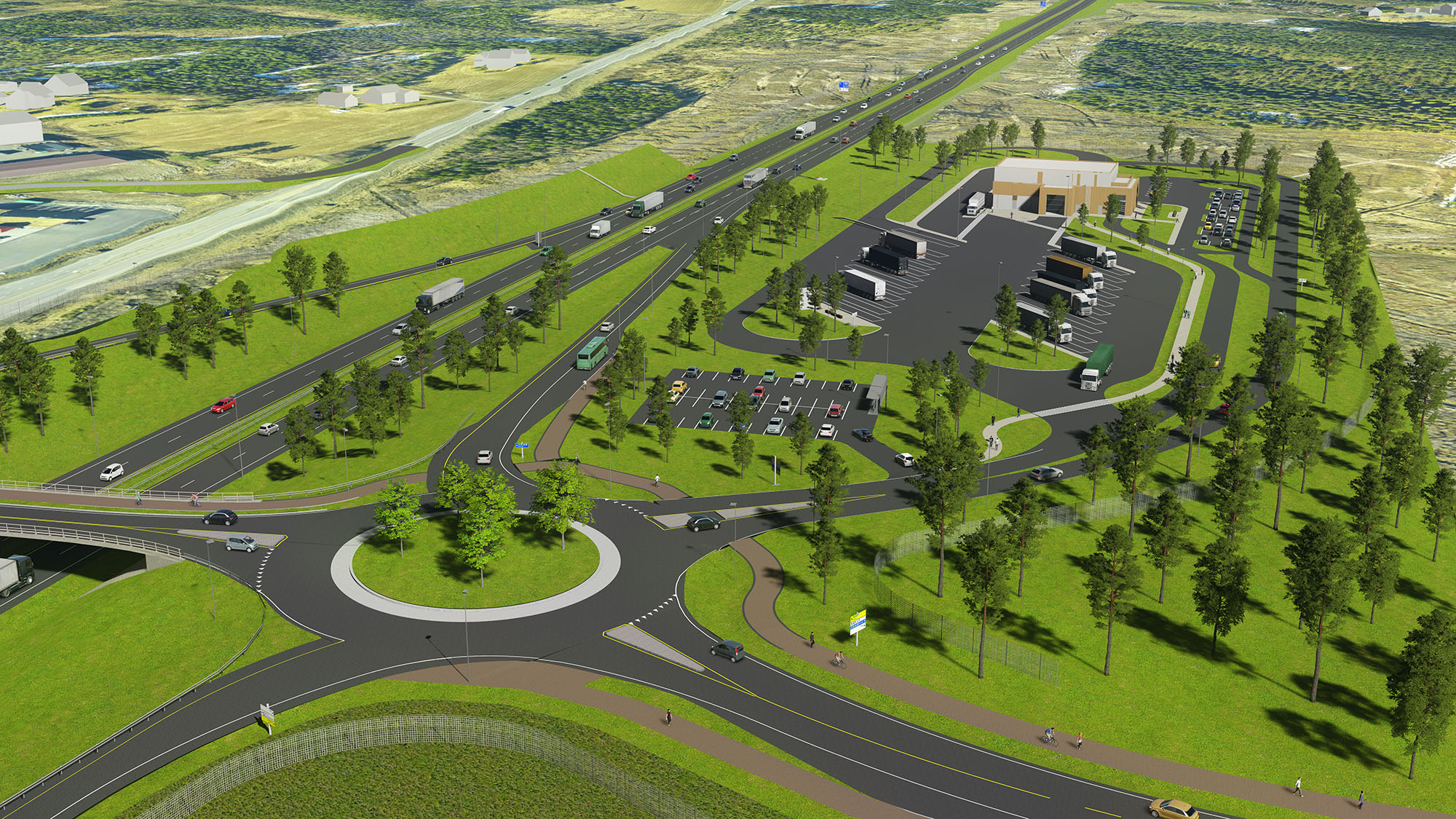 Planbildet viser hvordan ny firefelts veg og ny kontrollstasjon vil se ut ved Ånestad i Løten kommune. (Foto: ViaNova Plan og Trafikk)